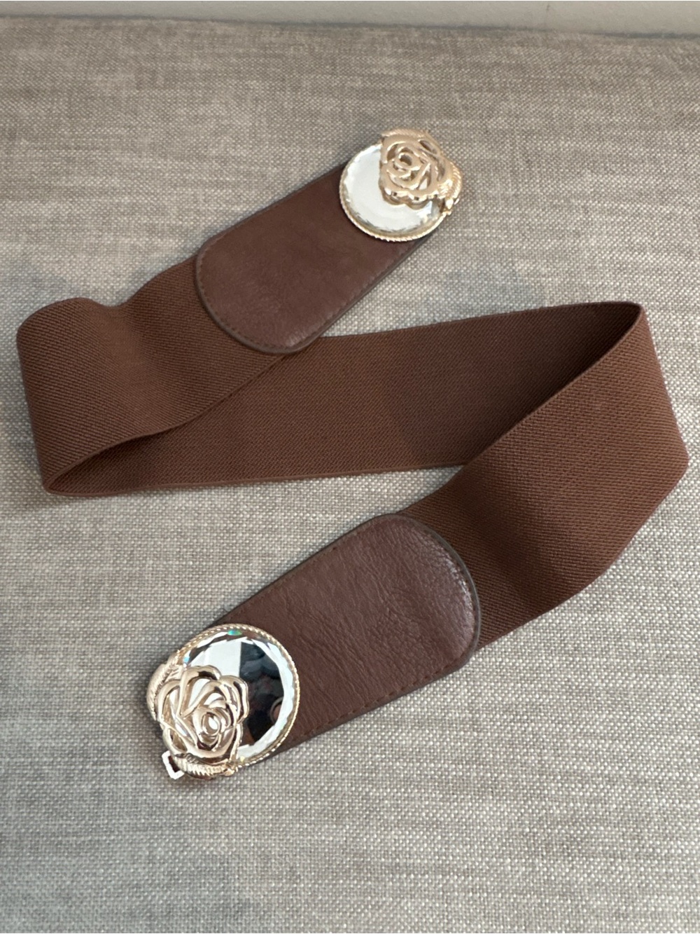 Brown Wide Elastic Waist Belt With Gold Floral Rose Crystal Mirror Clasp